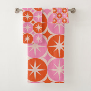 Mid Century Starbursts on Pink Orange Cricles Bath Towel Set