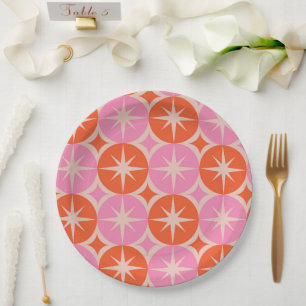 Mid Century Starbursts on Pink Orange Cricles Paper Plate