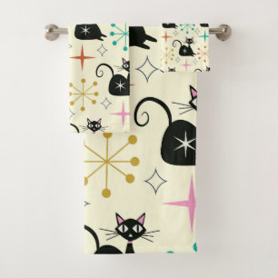 Mid Century Starbursts with Black Atomic Cat  Bath Towel Set