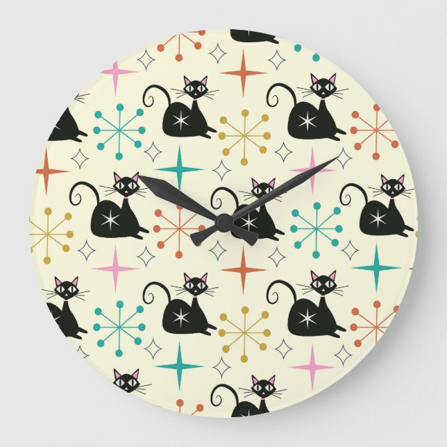 Mid Century Starbursts with Black Atomic Cat  Large Clock (Front)