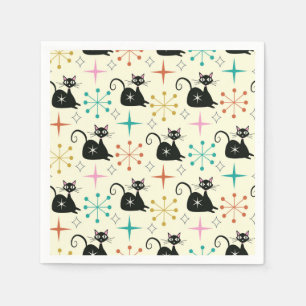 Mid Century Starbursts with Black Atomic Cat  Napkin
