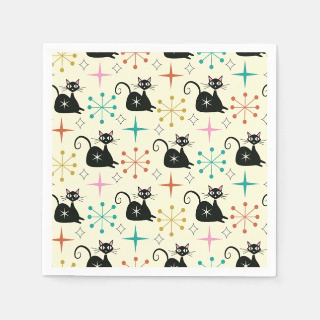 Mid Century Starbursts with Black Atomic Cat  Napkin (Front)