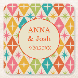 Mid Century stars on Harlequin Diamonds Wedding Square Paper Coaster