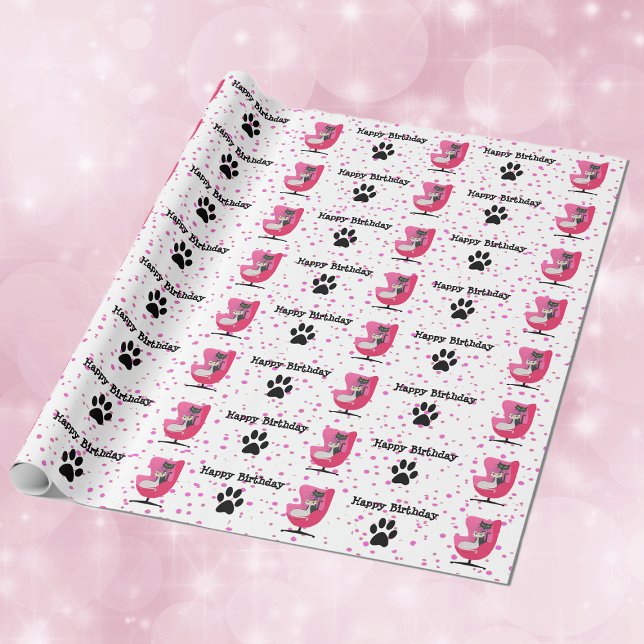 Mid Century Style Birthday Cats Pink Chair Dot Paw Wrapping Paper (Mid century style cats pink chair black cat paw prints on white pink dotted roll Birthday gift wrap.)