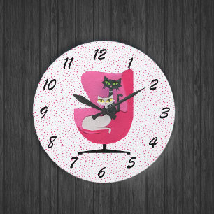 Mid Century Style Cats in Pink Chair Polka Dots Large Clock
