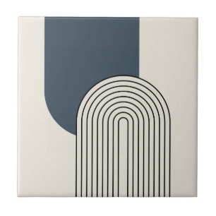 Mid Century style line art with dark blue arch Ceramic Tile