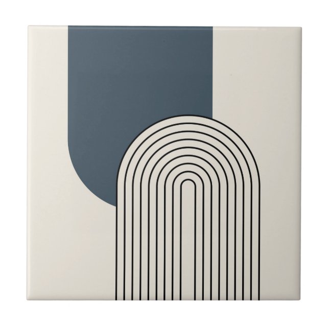 Mid Century style line art with dark blue arch Ceramic Tile (Front)