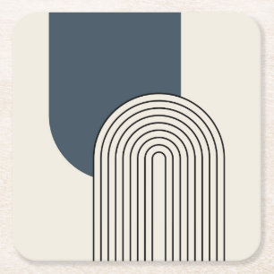 Mid Century style line art with dark blue arch Square Paper Coaster