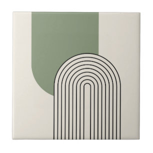 Mid Century style line art with green arch Ceramic Tile