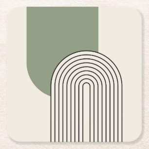 Mid Century style line art with green arch Square Paper Coaster