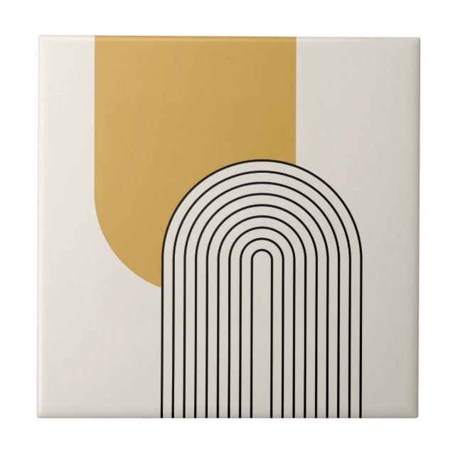 Mid Century style line art with mustard colour arc Ceramic Tile (Front)