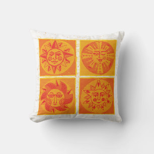 Mid Century Sun Faces Orange Throw Pillow