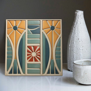 Mid-Century Symmetry Organic Arts and Crafts Ceramic Tile