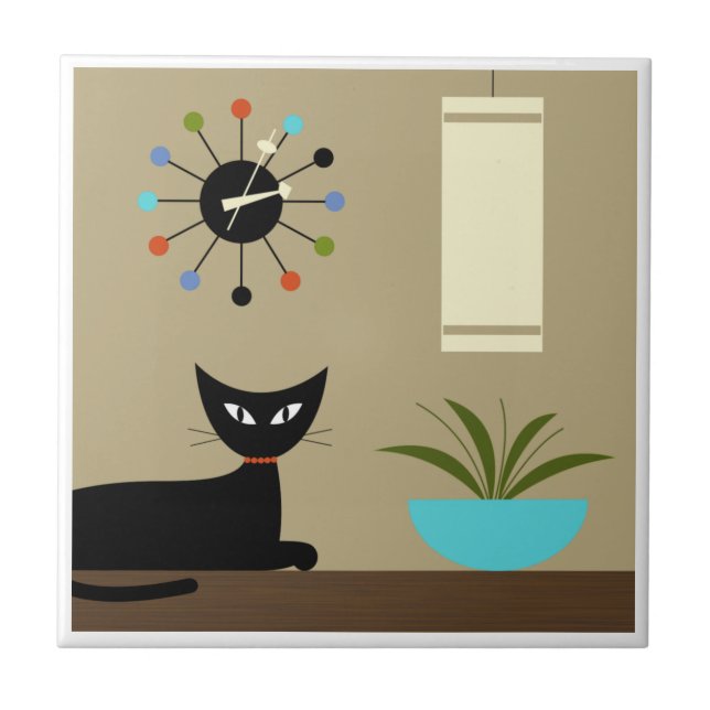 Mid Century Tabletop Cat with Ball Clock  Ceramic Tile (Front)
