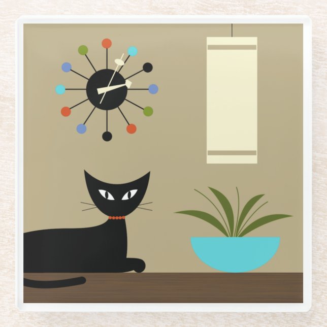 Mid Century Tabletop Cat with Ball Clock Glass Coaster (Front)