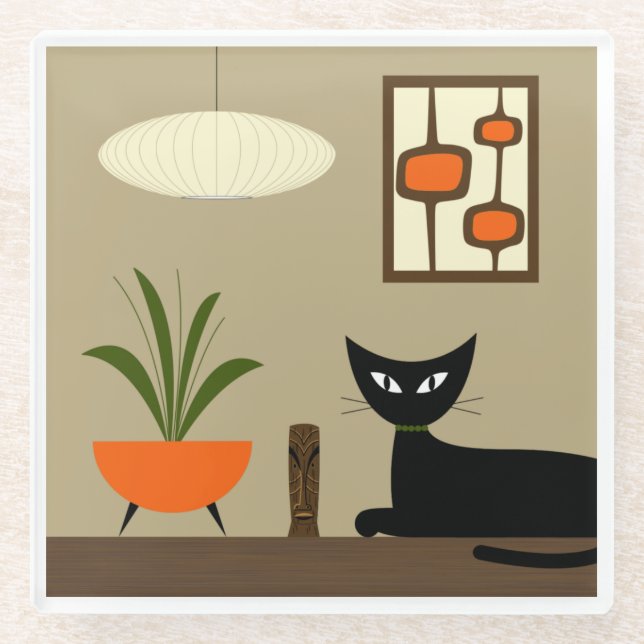 Mid Century Tabletop Cat with Mod Pods Glass Coaster (Front)