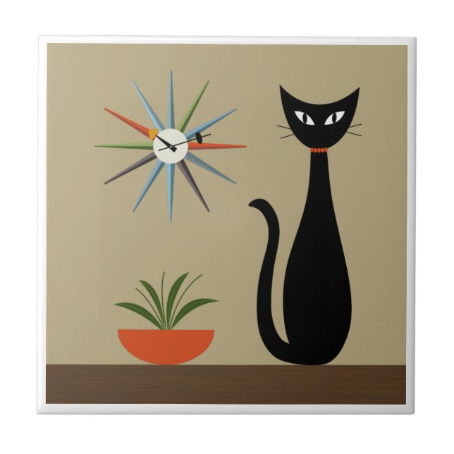 Mid Century Tabletop Cat with Starburst Clock  Ceramic Tile (Front)