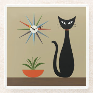 Mid Century Tabletop Cat with Starburst Clock Glass Coaster