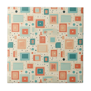 Mid Century Teal Blue Orange Abstract Square Ceramic Tile