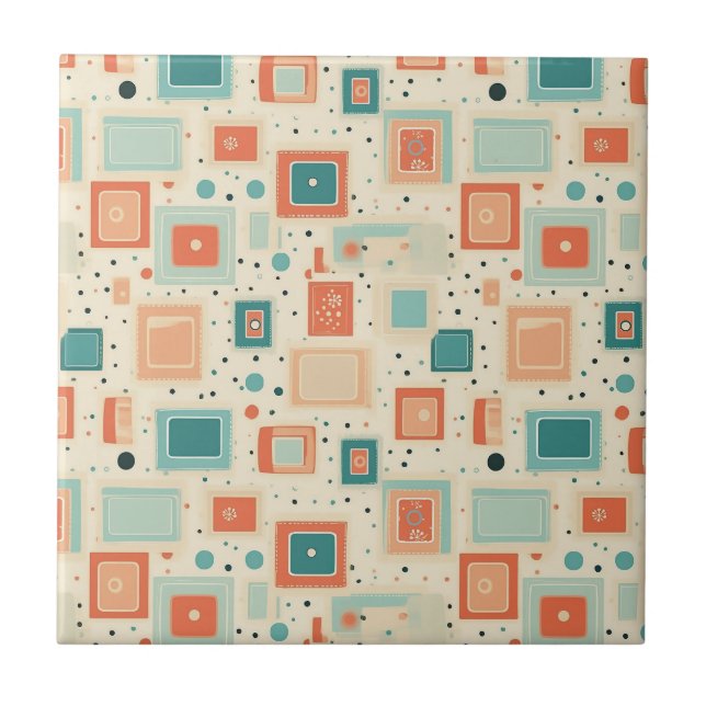 Mid Century Teal Blue Orange Abstract Square Ceramic Tile (Front)