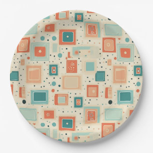 Mid Century Teal Blue Orange Abstract Square Paper Plate