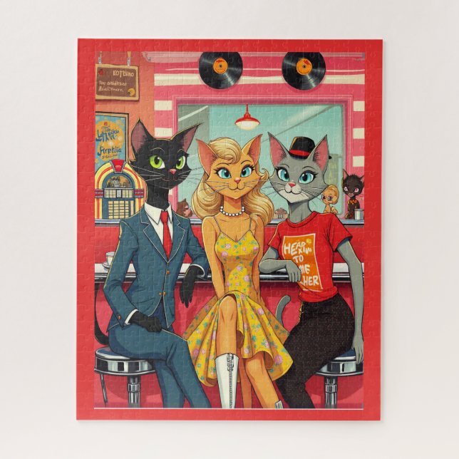 Mid Century Teenage Cats in a Diner Jigsaw Puzzle (Vertical)