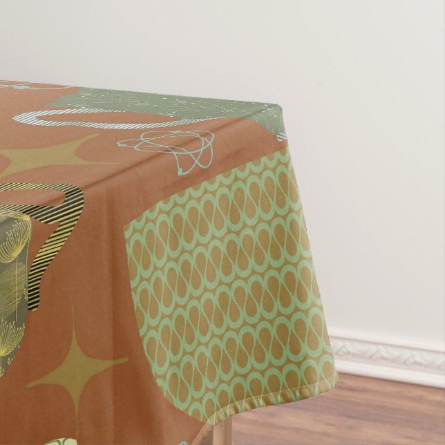 Mid Century Terracotta Brown Teacup Pattern Tablecloth (In Situ)