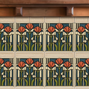 Mid-Century Tulips Abstract Symmetry Arts Crafts Ceramic Tile