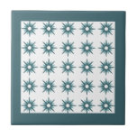 Mid-Century Turquoise Starburst Pattern Ceramic Tile<br><div class="desc">Mid-century modern inspired design featuring vintage pattern of retro turquoise blue starbursts on a white background, framed in dark turquoise. Simple, clean modern design. One design of a coordinating collection. Create your own custom pattern by uploading a new image, or use the "message" button to contact the designer for help....</div>