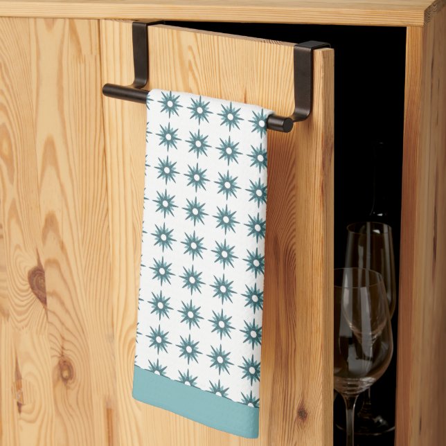 Mid-Century Turquoise Starburst Pattern Kitchen To Tea Towel (Thirds Fold)