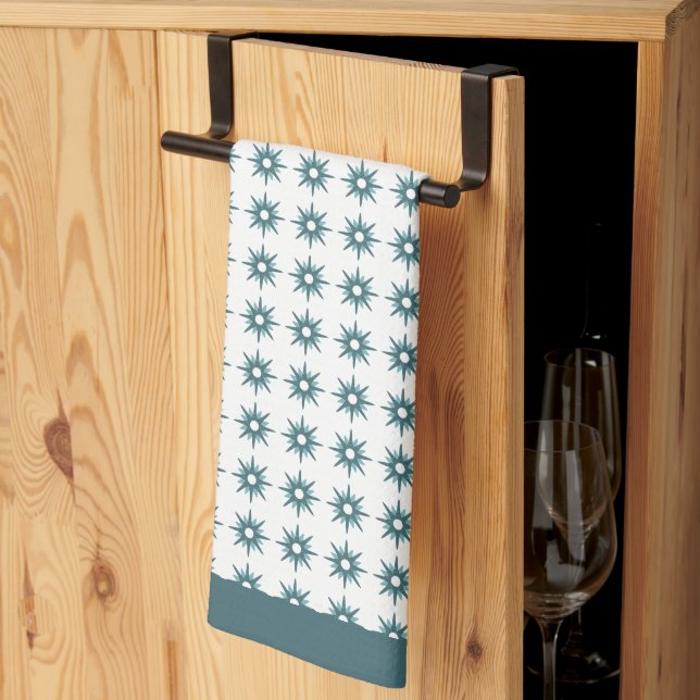 Mid-Century Turquoise Starburst Pattern Tea Towel (Thirds Fold)