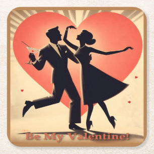Mid Century Valentine Dancing Couple with Martini Square Paper Coaster