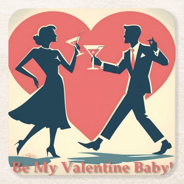Mid Century Valentine Hip Martini Dancing Couple Square Paper Coaster (Front)