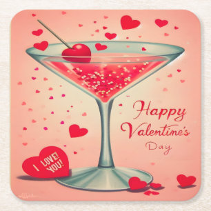 Mid Century Valentine Martini cocktail Square Paper Coaster
