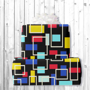 Mid Century Vibe Retro Black Red Blue Colour Block Wrapping Paper