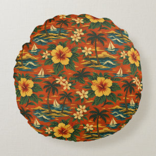 Mid Century Vibrant Hawaiian Shirt Print Round Cushion