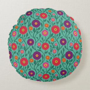 Mid-Century Vine Flower Garden Garland Mint Round Cushion