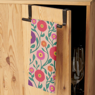 Mid-Century Vine Flower Garden Garland Peach Tea Towel