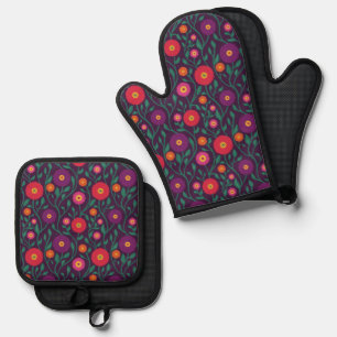 Mid-Century Vine Flower   Garden Garland Plum Oven Mitt & Pot Holder Set