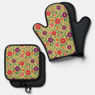 Mid-Century Vine Flower   Garden Garland Yellow Oven Mitt & Pot Holder Set