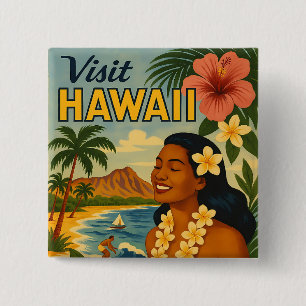 Mid Century Visit Hawaii Tourism Art 15 Cm Square Badge