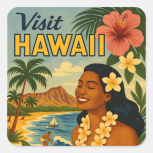 Mid Century Visit Hawaii Tourism Art Square Sticker