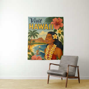 Mid Century Visit Hawaii Tourism Art Tapestry