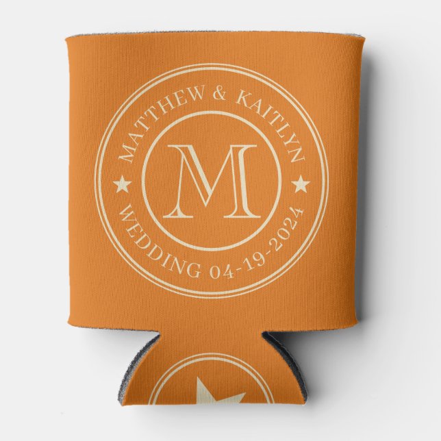 Mid-Century Warm Citrus Wedding Monogram Star Can Cooler (Front)