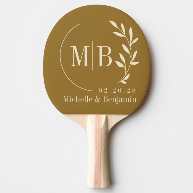Mid-Century Warm Desert Leaf Wedding Monogram Ping Pong Paddle (Front)