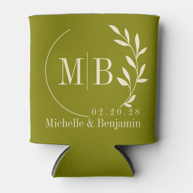 Mid-Century Warm Olive Leaf Wedding Monogram Can Cooler (Front)