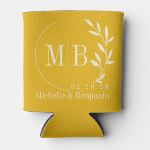 Mid-Century Warm Sunflower Leaf Wedding Monogram Can Cooler