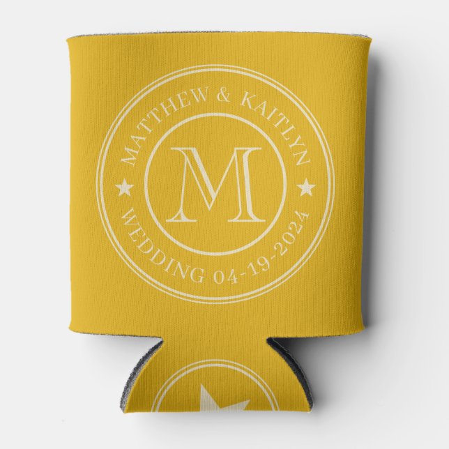 Mid-Century Warm Sunflower Wedding Monogram Star Can Cooler (Front)