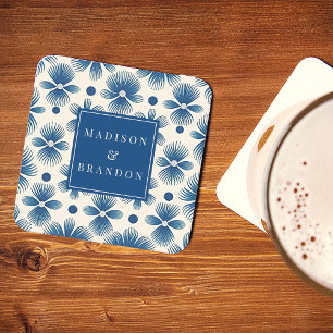 Mid-Century Wedding Flowers Full Print with Name Square Paper Coaster