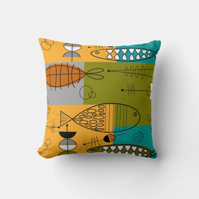 Mid-Century Whimsical Fish Art II Cushion (Front)